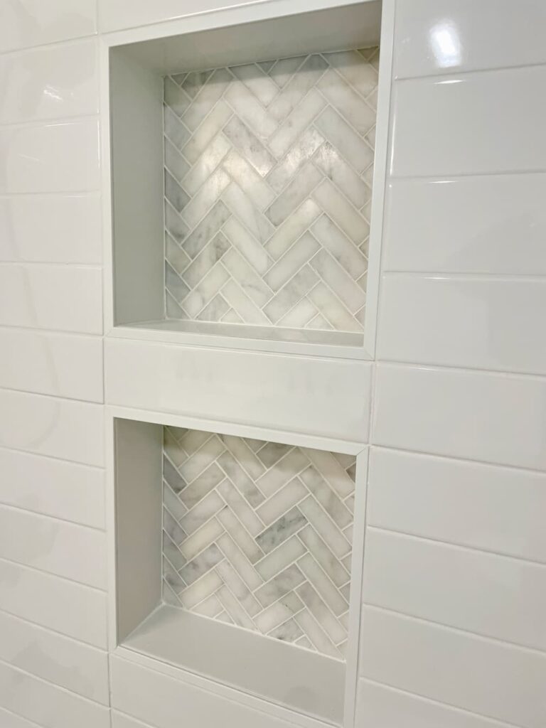 Plymouth Bathroom Remodel with new shower niche herringbone