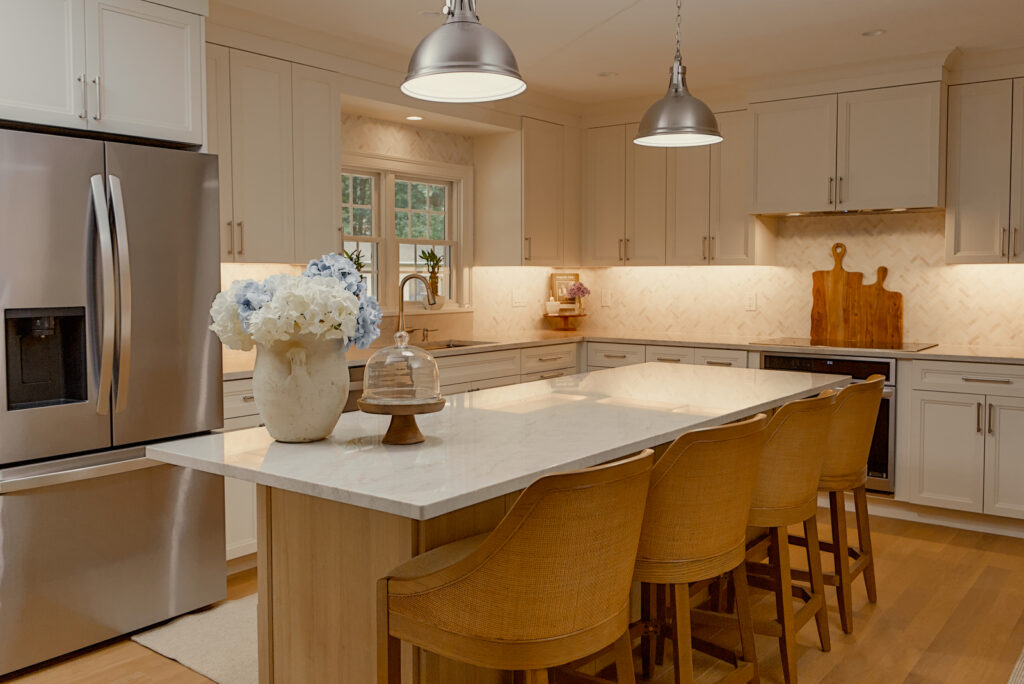 Kingston kitchen remodel featuring Taj Mahal quartzite countertops