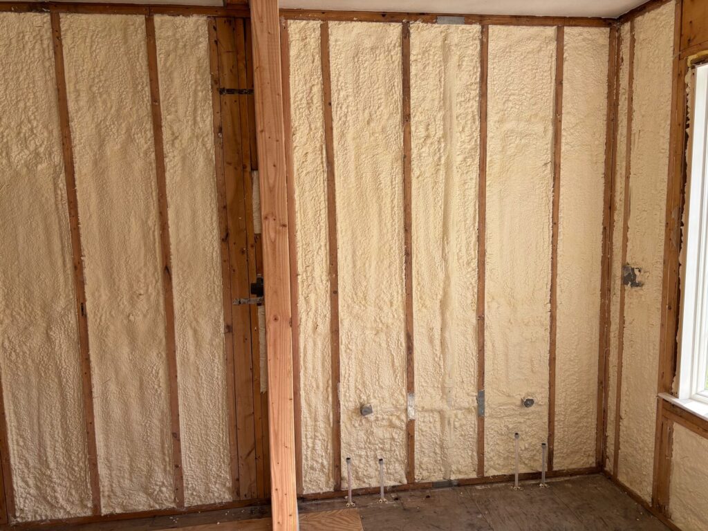 Bathroom remodel started with insulated exterior using a closed cell spray foam